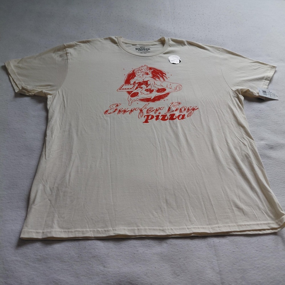 Netflix Stranger Things Graphic Tee Mens XXL Beige Surfer Boy Pizza Cotton NWT